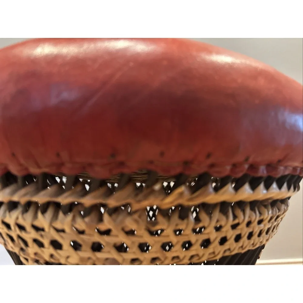 Pier 1 Leather Wicker Rattan BOHO Ottoman Stool Chair